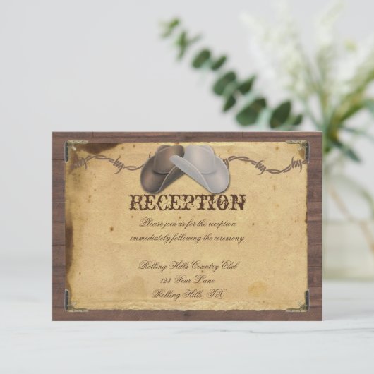 カントリー素朴カウボーイ帽子ウェディングレセプション エンクロージャーカード (スタンド正面)