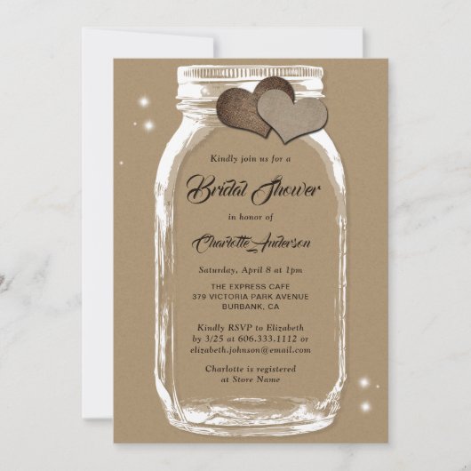 カントリー素朴クラフト紙メイスンジャーブライダルシャワー 招待状 (正面)