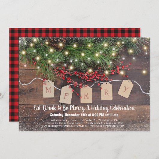 カントリー素朴クリスマスホリデーパーティー招待状 招待状 (正面/裏面)