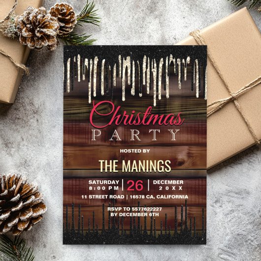 カントリー素朴クリスマスホリデーブラック金ゴールド 招待状