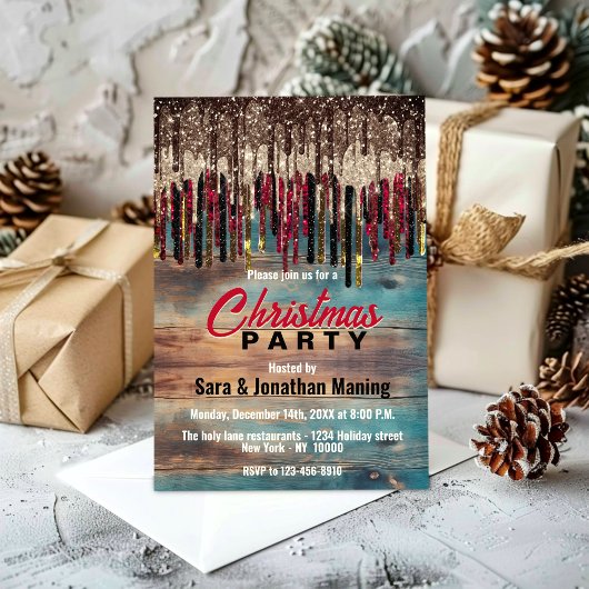 カントリー素朴クリスマスホリデーレッドブラックグリッター 招待状