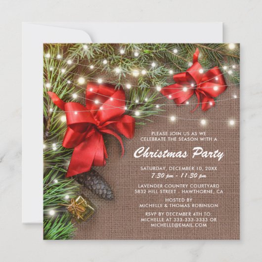 カントリー素朴クリスマスボウホリデーパーティー 招待状 (正面)