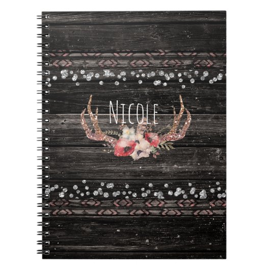 カントリー素朴グラムフラワーズ&〔雄ジカの〕枝角シックボホ ノートブック (正面)