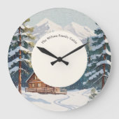 カントリー素朴サイドスノーシーンホリデーファミリーキャビン ラージ壁時計 (正面)