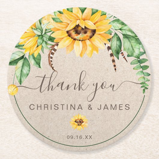 カントリー素朴サンフラワーサンキュアユー結婚式の引き出物 ラウンドペーパーコースター (正面)
