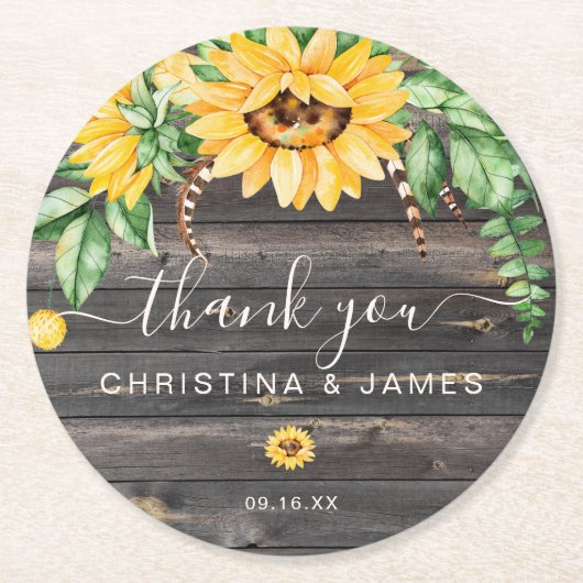 カントリー素朴サンフラワーサンキュアユー結婚式の引き出物 ラウンドペーパーコースター (正面)