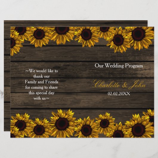 カントリー素朴サンフラワーバーンウッド結婚式 プログラム (正面/裏面)