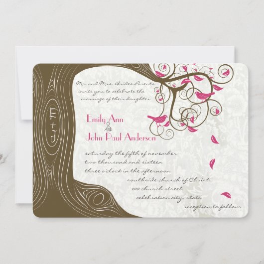 カントリー素朴シックなツリーピンクの鳥の結婚式 招待状 (正面)