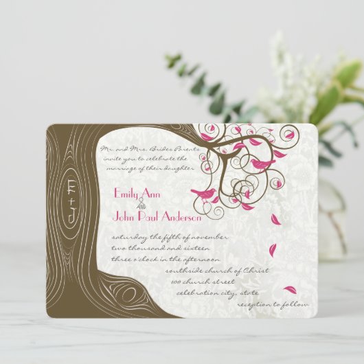 カントリー素朴シックなツリーピンクの鳥の結婚式 招待状 (スタンド正面)