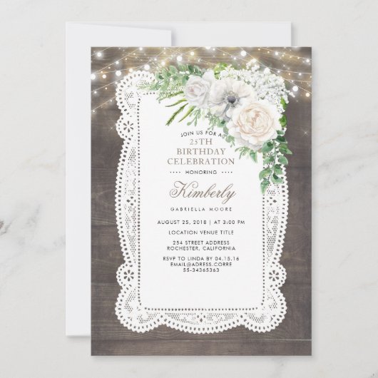 カントリー素朴シックフローラ誕生日パーティー 招待状 (正面)