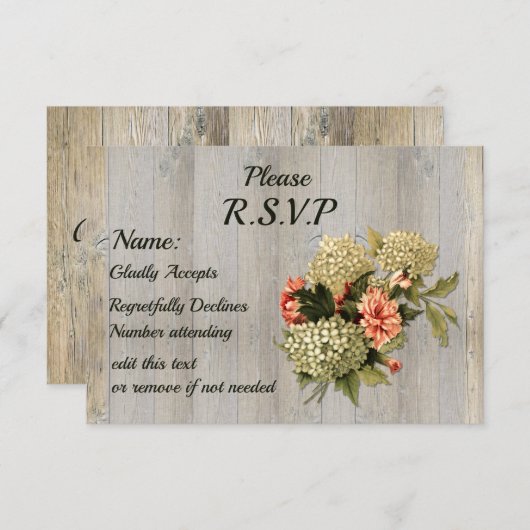 カントリー素朴シック、古い木材と花RSVP 出欠カード (正面/裏面)