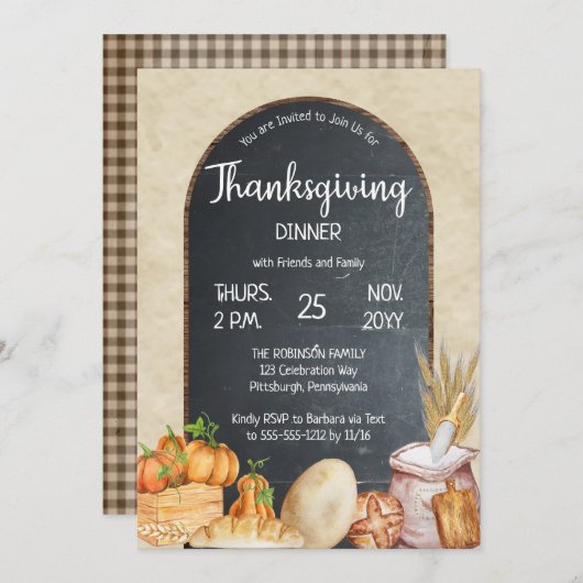 カントリー素朴シックChalkboard感謝祭ディナー 招待状 (正面/裏面)