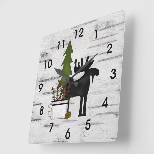 カントリー素朴シルエットムースと木々の樺の木 スクエア壁時計 (傾斜)