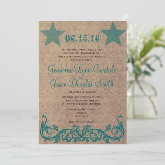 カントリー素朴スターブラウンティール(緑がかった色)結婚式招待状 招待状 (スタンド正面)