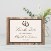 カントリー素朴スホースシュー、茶色の木材の日付を保存 セーブザデート (スタンド正面)