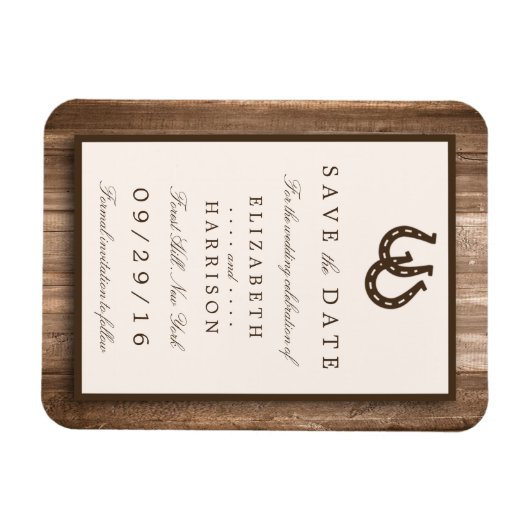 カントリー素朴スホースシュー、茶色の木材の日付を保存 マグネット (横)