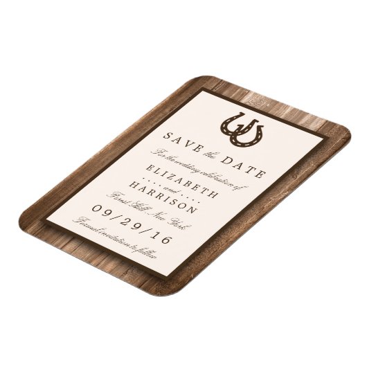 カントリー素朴スホースシュー、茶色の木材の日付を保存 マグネット (左側)