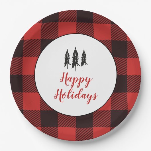 カントリー素朴ツリーの赤と黒のフランネルパターン ペーパープレート (正面)