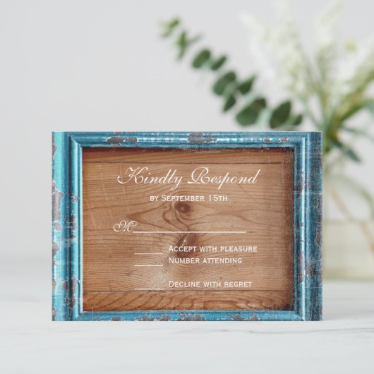 カントリー素朴ティール（緑がかった色）フレームウッドウェディング出欠届けカード 出欠カード (スタンド正面)