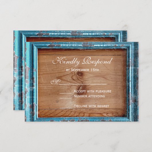 カントリー素朴ティール（緑がかった色）フレームウッドウェディング出欠届けカード 出欠カード (正面/裏面)