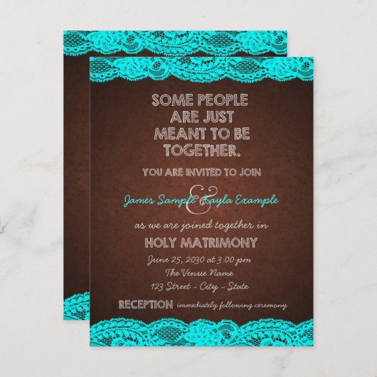 カントリー素朴ティール（緑がかった色）ブルーとブラウン結婚ズ 招待状 (正面/裏面)