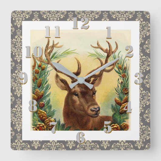 カントリー素朴ディアヴィンテージエレガントクリスマス スクエア壁時計 (正面)