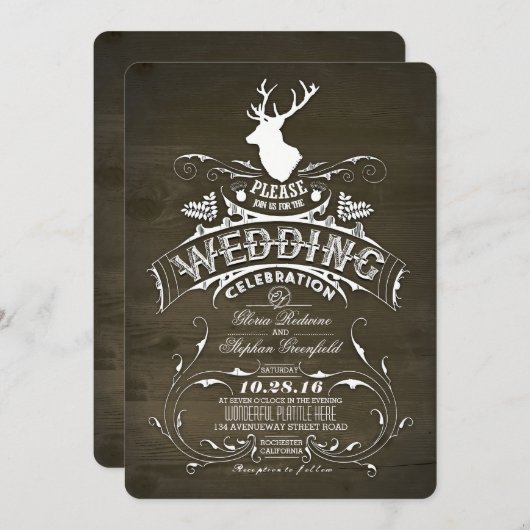 カントリー素朴ディア〔雄ジカの〕枝角バ結婚ンズ 招待状 (正面/裏面)