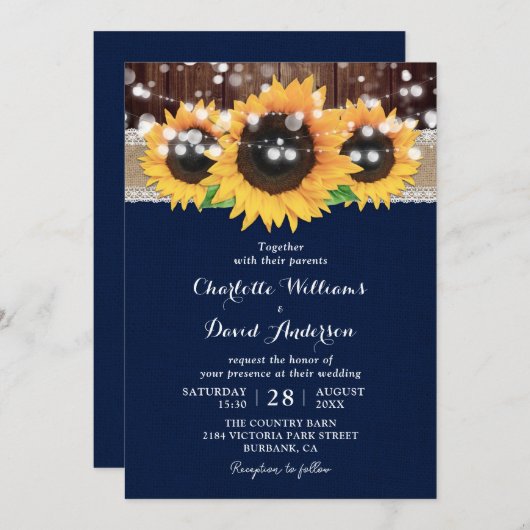 カントリー素朴ネイビーブルーサンフラワーバーンズ結婚ズ 招待状 (正面/裏面)