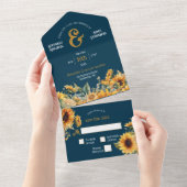カントリー素朴ネイビーブルー金ゴールドひまわり結婚の花 オールインワン招待状 (貼ってはがせる)