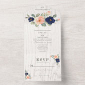 カントリー素朴ネイビーブルー&ピーチフローラズ結婚 オールインワン招待状 (内側)