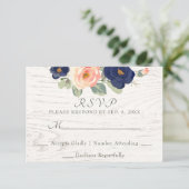 カントリー素朴ネイビーブルー&ピーチフローラズ結婚 出欠カード (スタンド正面)