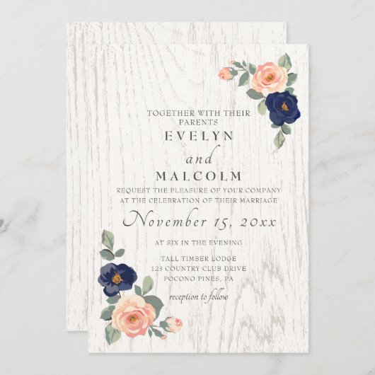 カントリー素朴ネイビーブルー&ピーチフローラズ結婚 招待状 (正面/裏面)