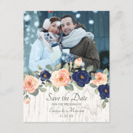 カントリー素朴ネイビーブルー&ピーチフローラズ結婚 招待状