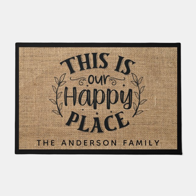 カントリー素朴バーラップこれが私たちの幸せな場所である ドアマット (正面)