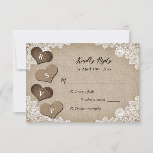 カントリー素朴バーラップとレースのウェディングRSVP 出欠カード (正面)
