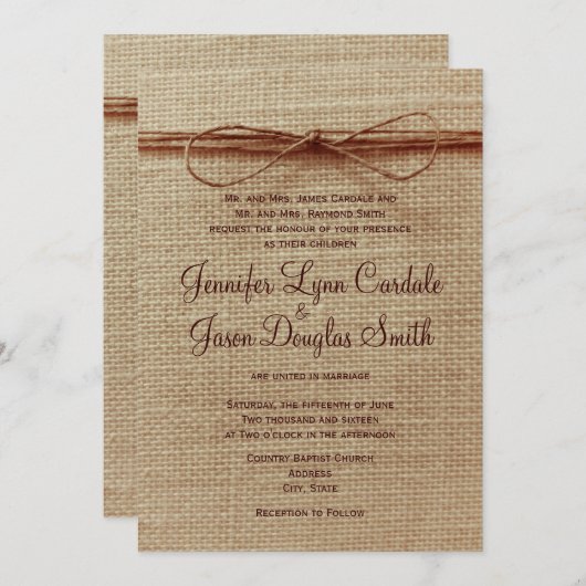 カントリー素朴バーラップトワインボウ結婚式招待状 招待状 (正面/裏面)