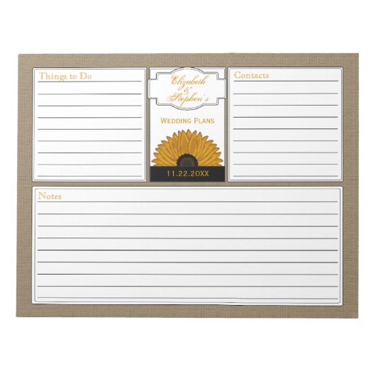 .カントリー素朴バーラップヒマワリウェディングプランナー ノートパッド (正面)