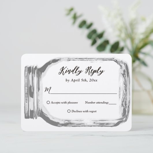 カントリー素朴バーラップメイスンジャークラフトウェディングRSVP 出欠カード (スタンド正面)