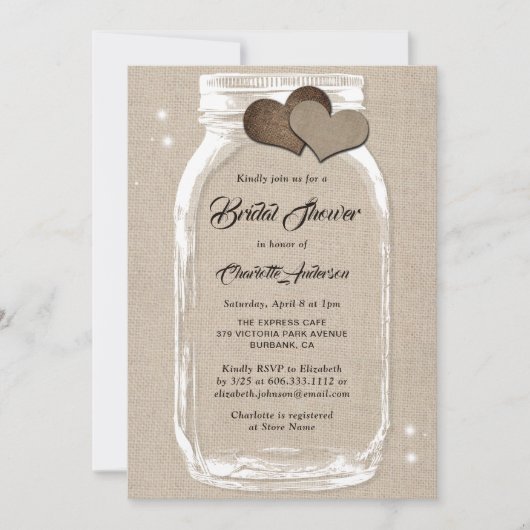 カントリー素朴バーラップメイソンジャーブライダルシャワー 招待状 (正面)