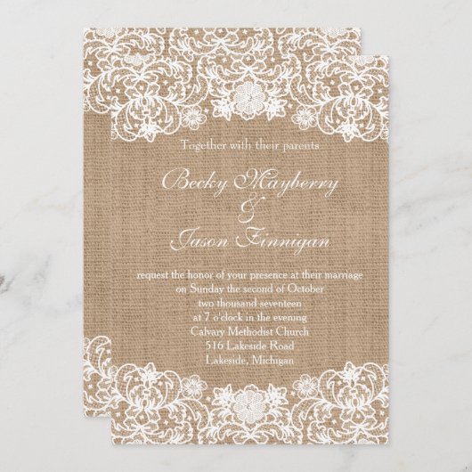 カントリー素朴バーラップレースの結婚式の招待 招待状 (正面/裏面)