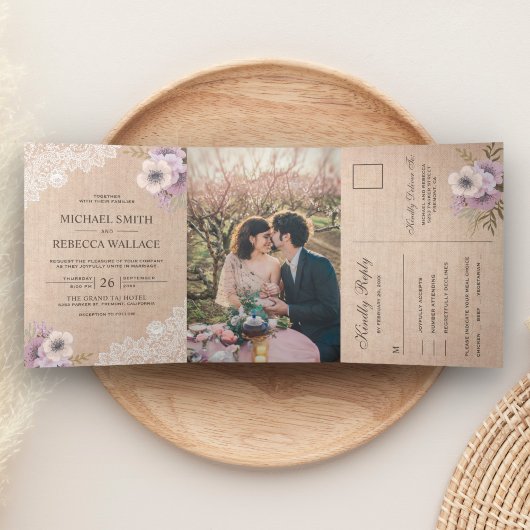 カントリー素朴バーラップレースピンクフローラズ結婚 三つ折り招待状