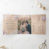 カントリー素朴バーラップレースピンクフローラズ結婚 三つ折り招待状 (内部)