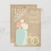 カントリー素朴バーラップレースメイスンジャーブライダルシャワー 招待状 (正面/裏面)