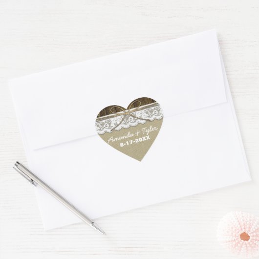 カントリー素朴バーラップレース結婚式の引き出物シール ハートシール (封筒)