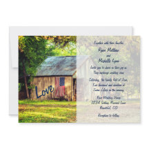 カントリー素朴バーンアメリカ国旗の結婚式の招待