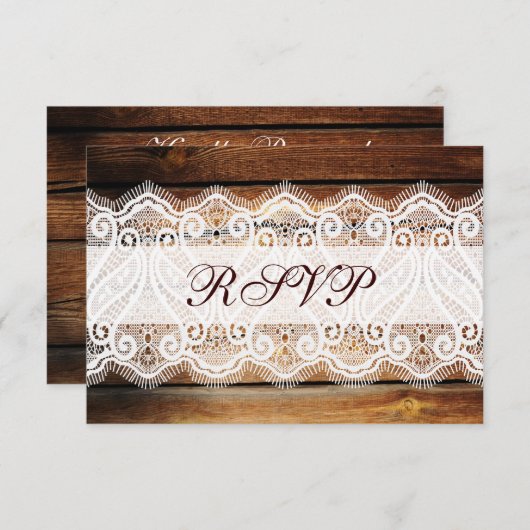 カントリー素朴バーンウッドレースウェディングRSVPカード 出欠カード (正面/裏面)