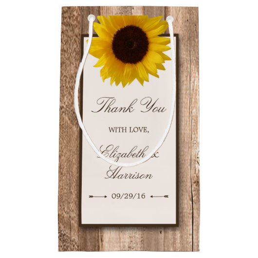 カントリー素朴ヒマワリとブラウン結婚ウッド スモールペーパーバッグ (正面)