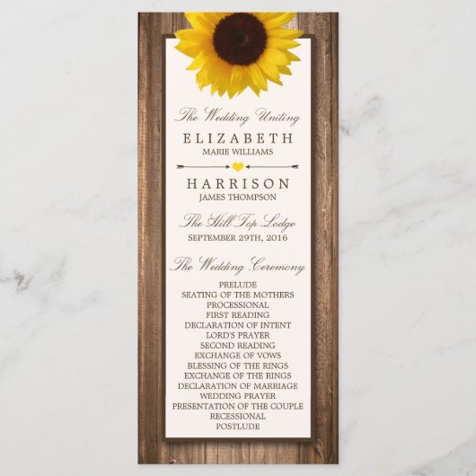 カントリー素朴ヒマワリとブラウン結婚ウッド プログラム (正面)