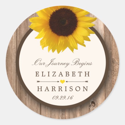 カントリー素朴ヒマワリとブラウン結婚ウッド ラウンドシール (正面)