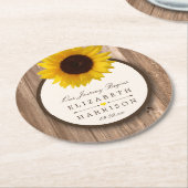 カントリー素朴ヒマワリとブラウン結婚ウッド ラウンドペーパーコースター (アングル)